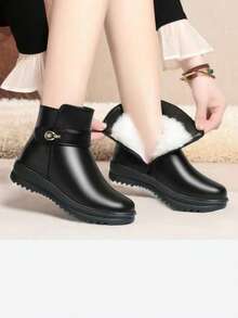 秋冬季保暖内衬踝靴，防滑妈妈鞋平底中跟短筒保暖黑色靴子 - 黑色 - 查看 2