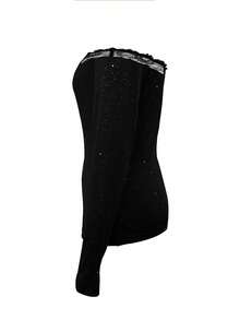 Áo dài tay hở vai thanh lịch lãng mạn với ren chắp vá và kim tuyến dành cho phụ nữ dự tiệc thời trang - màu đen - Xem 4