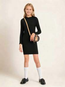 Classic Fitted Long Sleeve Snug Fit Dress For Girls, Spring & Fall Party Sweet Casual Dresses, Gift - Black - View 1