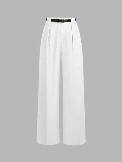 Mid-Waist Solid Color Elegant Straight-Leg Pants With Belt