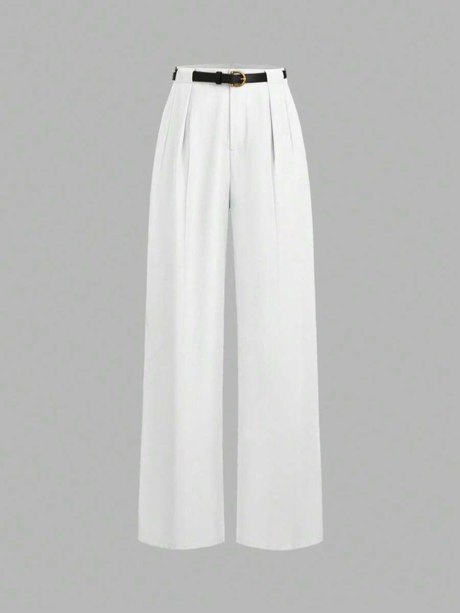 Mid-Waist Solid Color Elegant Straight-Leg Pants With Belt - White - View 1