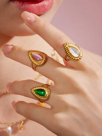 1pc Vintage Titanium Steel Non-Fading Ring, Women's High-End Simple Fashion Versatile Water Drop Gemstone Ring