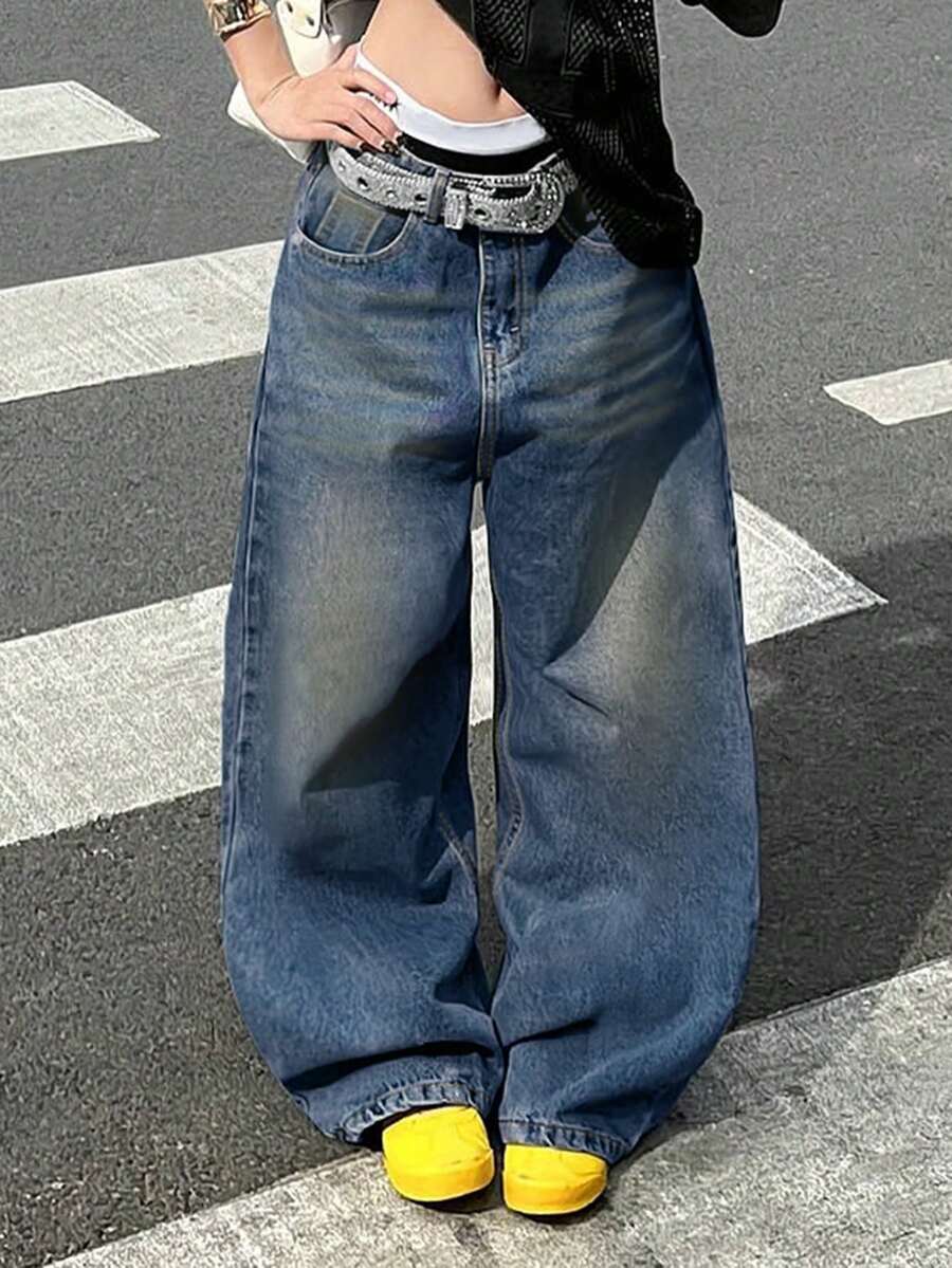Quần jeans denim xanh bạc màu kiểu cổ điển, thiết kế thời trang nữ, ống rộng suông, phong cách thường ngày, thích hợp cho mùa xuân/hè. - Màu xanh lam - Xem 1