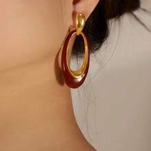 Elegant Bohemian Style Burgundy Glossy Gold-Tone Oval Hoop Drop Earrings - Vintage Bold Light Luxury Style,Upgraded High-Quality Stylish Premium Women's Earrings - Versatile Accessory For Daily Wear/Commute/Dates/Weddings/Vacations, Perfect Holiday Gift For Girlfriends, Moms, Besties And Sisters - 酒紅色 - 查看 6