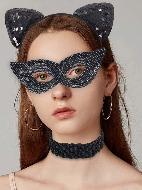 3 Stücke/Set Sexy Katzenohren Haarreif, Maske & Schal Set, Kostümzubehör, Modisches Accessoire Set für Frauen, Karneval Maskenball Cosplay Requisiten Set