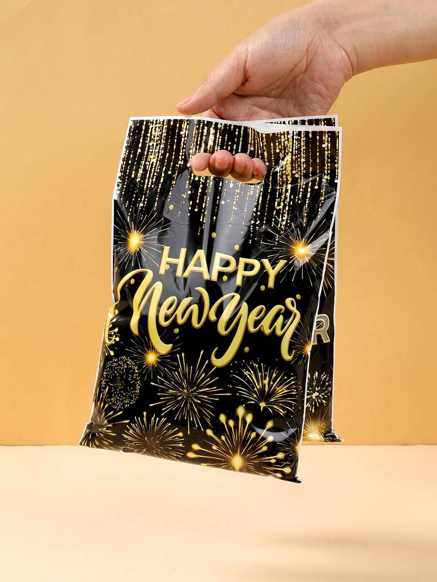 10/25/50个装 2026新年礼品袋，带提手，黑金主题礼品手提袋，新年快乐礼品包装袋，新年派对回礼袋，礼品袋，糖果袋，新年礼物，2026新年快乐装饰品，新年派对装饰品，桌面装饰品，厨房装饰品，餐厅家居节日装饰品，新年派对用品，小型派对礼品
