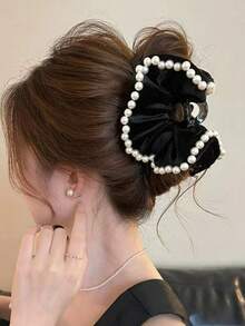 1 Stück koreanische Samt-Perlen Haarklammer, elegante Haarklammer, hochwertiges Haarstyling-Accessoire geeignet für den täglichen Gebrauch (zufälliger Bodyklipp) Modische Haarspange, elegante Haarzubehör - Schwarz - Übersicht 6