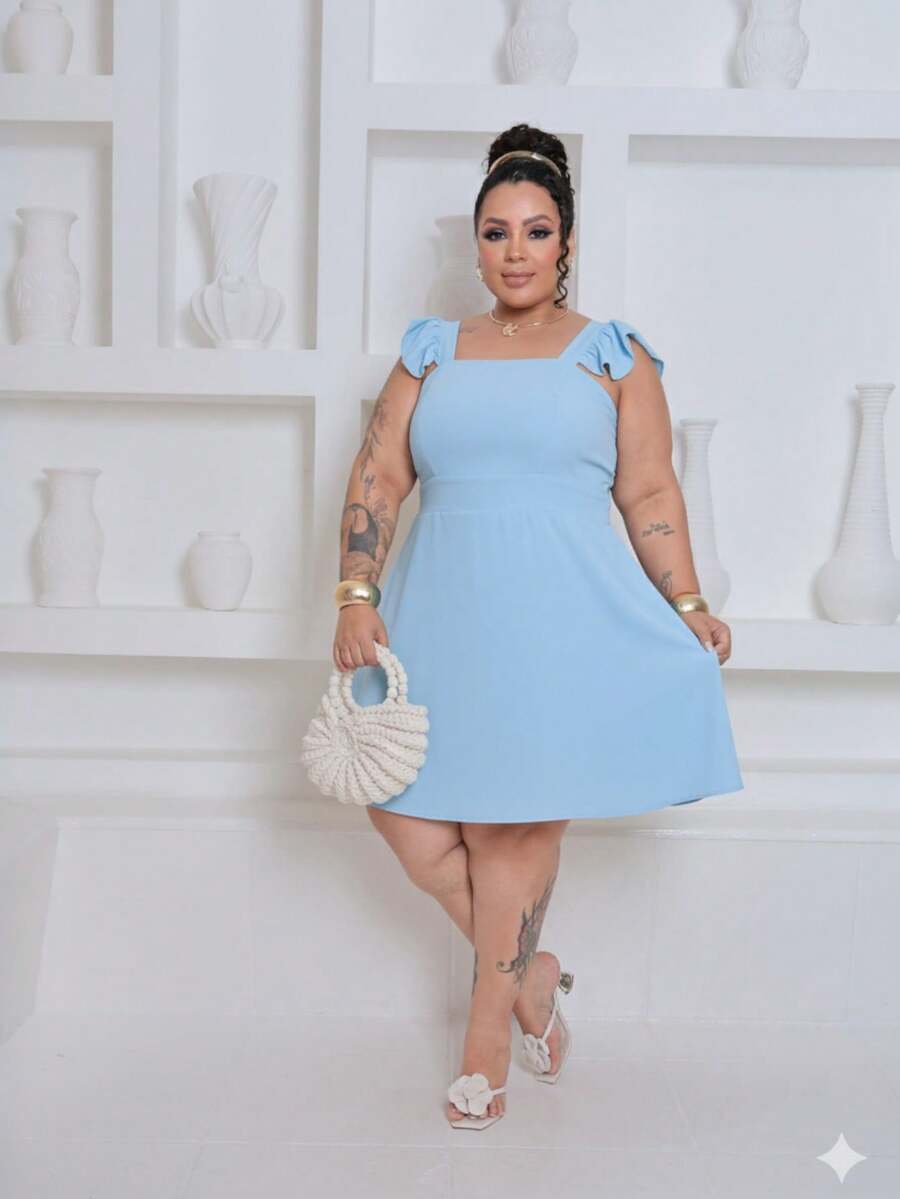 Vestido Curto Plus Size Tecido Duna com Babado na Alça e Elástico nas Costas Forrado GG G2 - Azul - Visão 1