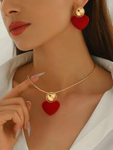 Bộ 2 dây chuyền + bông tai sáng tạo thời trang thu đông dành cho nữ, thiết kế mặt dây chuyền hình trái tim đỏ nhung thanh lịch và hình học đen trơn tròn, phù hợp cho các dịp hàng ngày, tiệc tùng, ngày lễ, năm mới, ngày lễ tình nhân, quà tặng ngày của mẹ - Đỏ - Xem 1