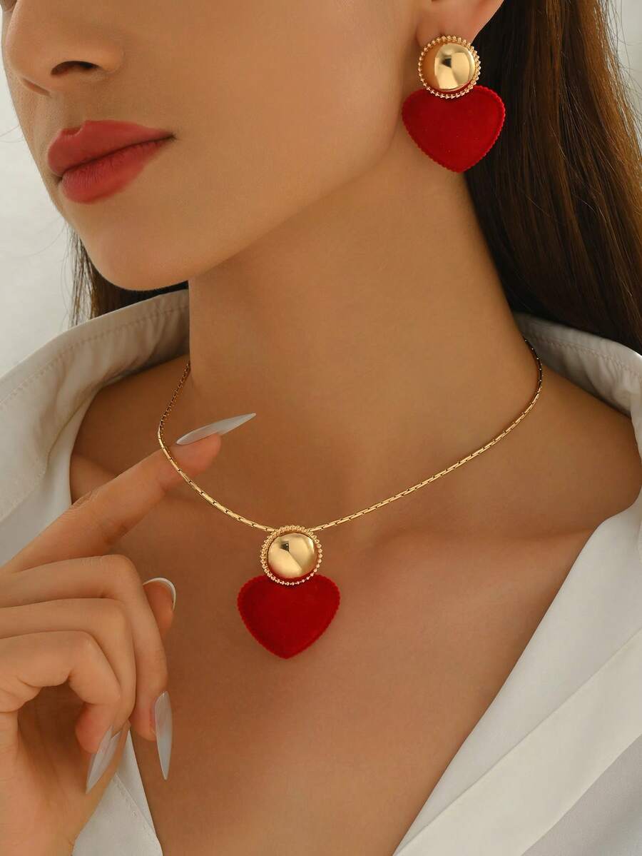Bộ 2 dây chuyền + bông tai sáng tạo thời trang thu đông dành cho nữ, thiết kế mặt dây chuyền hình trái tim đỏ nhung thanh lịch và hình học đen trơn tròn, phù hợp cho các dịp hàng ngày, tiệc tùng, ngày lễ, năm mới, ngày lễ tình nhân, quà tặng ngày của mẹ - Đỏ - Xem 1
