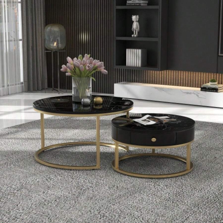 Modern Nesting Coffee Table With High Gloss Marble Design (Original Sku WF295255AAB) Set Of 2 Round Coffee Tables Round Nesting Side Table - Black - View 1