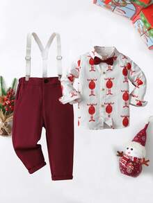 BOARNSEORL Baby Boys Gentleman Outfit, Christmas Deer Pattern Shirt With Bowknot And Red Suspender Pants, Fashionable For Birthday Party, Wedding, Christmas - Red - View 5