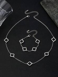 2 件套欧美风格镂空花朵和四叶草优雅项链和手链套装，适合女性日常佩戴 - 銀色 - 查看 2