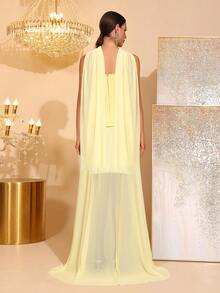 Vestido largo ajustado con decoración de perlas, cuello corazón sin tirantes, elegante para fiesta, cena, boda o eventos festivos - Amarillo - Ver 4