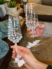 Personalized Bride Champagne Flute, Faux Pearl Crystal Glass Champagne Flute, Customized Champagne Flute For Bride And Bridesmaids - Reusable, Dishwasher , Customized Champagne Flute With Bow / Bride And Bridesmaids Wine Glass / Wedding Party Glassware / Wedding Supplies / Champagne Flute / Champagne Coupe / Bridesmaid / Bride / Maid Of Honor / Mother Of The Bride / Bachelorette Party / Birthday Party - Multicolor - View 2
