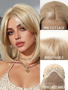 [Velvet Locks]New 13*4 Glueless Front Lace Wig, 12 Inch Flaxen Gold Short Straight Hair, Fashionable Women's No Bangs Pre-Trimmed Heat-Resistant Synthetic Hair, Soft And Smooth, Suitable For Beginners, Daily Wear, Y2K Style, Party, Cosplay, Dance, Travel, Holiday - 亞麻金 - 查看 2