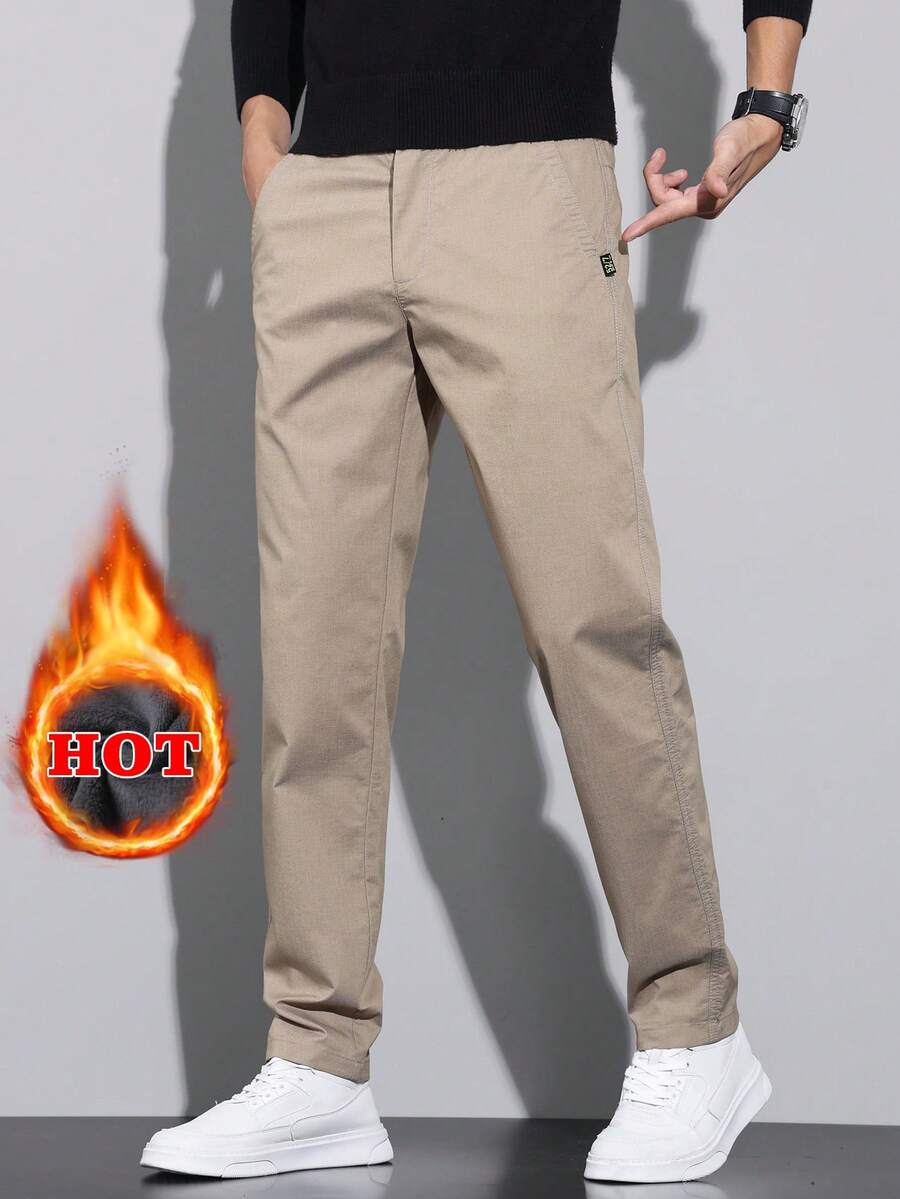 Men's Solid Color Casual Thermal Lined Warm Pants, For Winter - Khaki - View 1