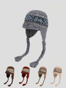 1 pieza Sombrero de piloto/cubo de mujer de punto jacquard bohemio con hilo grueso trenzado, orejeras acogedoras, de moda y versátil, casual y retro para otoño/invierno