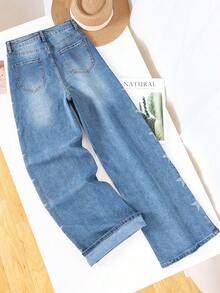 HIMARRI Lindos jeans de mezclilla con estampado de estrellas para mujer, pierna ancha y larga para un estilo casual y elegante, tela muy elástica. - Azul - Ver 5