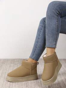 女士保暖百搭简约雪地靴，防滑短筒靴，秋冬季，毛绒靴 - 杏色 - 查看 2