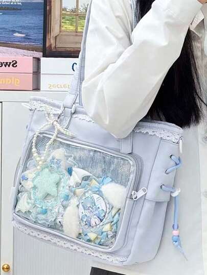1pc Kawaii Japanese Style Girl's Shoulder Bag, Featuring Pearl Bow & Lace Trim For Elegant Look, Suitable For Anime Cosplay, Detachable & Adjustable Strap, Large Capacity Tote Bag For Daily Use, Commuting, Shopping, Travel, Student