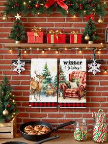 2 Piezas Toallas de cocina decorativas con diseños de Flor de Pascua, piña, reno y árbol de Navidad, toallas de mano coloridas para la cocina, el hogar, el comedor y el baño en estilo granja