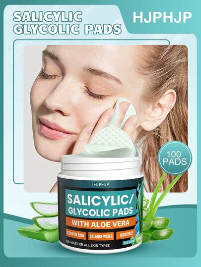 HJPHJP Salicylic Glycolic Pads, Glycolic Acid, Salicylic Acid Pads, Containing Salicylic Acid/Centella Asiatica, Suitable For Face And Neck, Daily Skincare, Cleansing And Moisturizing, Exfoliate And Smooth The Skin, 100Pads-Facial Radiance Pads, Make The Skin Smoother