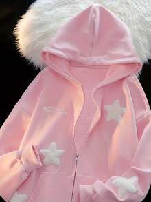 Áo khoác nỉ có mũ dành cho nữ, in hình ngôi sao, chất liệu polyester, có thể giặt máy, khóa kéo phía trước và có túi, ấm áp, phong cách thể thao đường phố năng động, thích hợp cho leo núi, hoạt động ngoài trời, mùa thu/đông/xuân, màu hồng thể thao. - Hồng - Xem 3