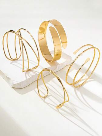 4件套简约奢华不对称交叉手镯套装，适合女性日常佩戴和派对场合