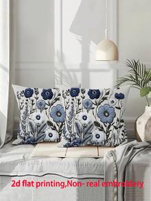1pc Vintage Style Floral Print Decorative Throw Pillow Cover, Polyester Plush Fabric, Zipper Closure, Suitable For Home, Sofa, Bedroom, Seatzy Series (Pillow Insert Not Included), No Embroidery - Blue - View 14