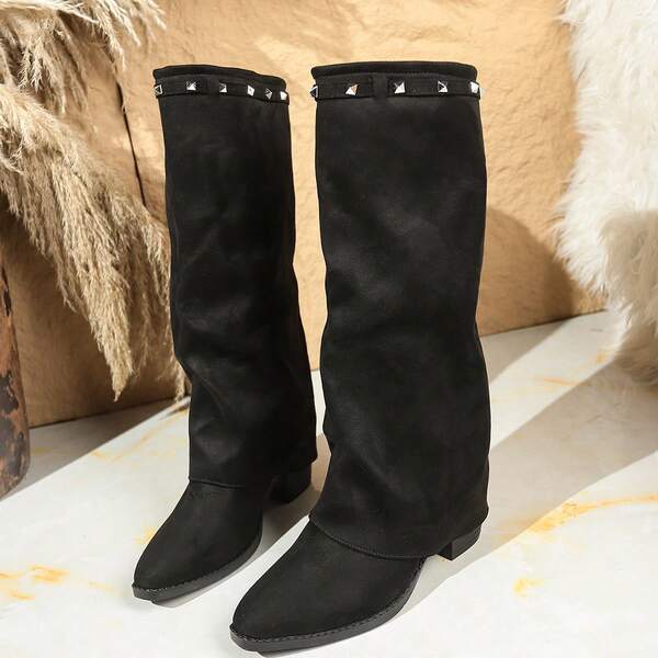 Solid Color Western Style Rivet Decor Chunky High Heel Over-The-Knee Boots