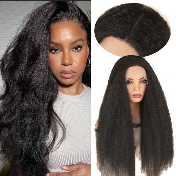 Peluca sintética elegante de color negro de 13X4 con encaje frontal para mujeres, resistente al calor, sin pegamento, de 26 pulgadas, 180% de densidad, cabello largo rizado y suave, con nudos decolorados previamente recortados para uso diario y fiestas