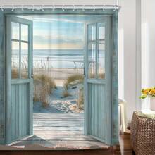 Blue Beach Barn Door Shower Curtain - Coastal Ocean Seaside Rustic Farmhouse Design, Anti-Wrinkle Polyester Fabric With Hooks, Easy Wipe-Clean Bathroom Decor, Beach Bathroom Decor, Ocean View Decor, Wood Plank Pattern - 彩色 - 查看 5