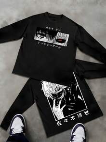 Image Featuring Anime Inspired Art With A Character's Face Printed On Front And Back With Double Sided 1pcs Long Sleeve 100% Cotton Fall Round Neck Tshirt For Casual Wear - 黑色 - 查看 1