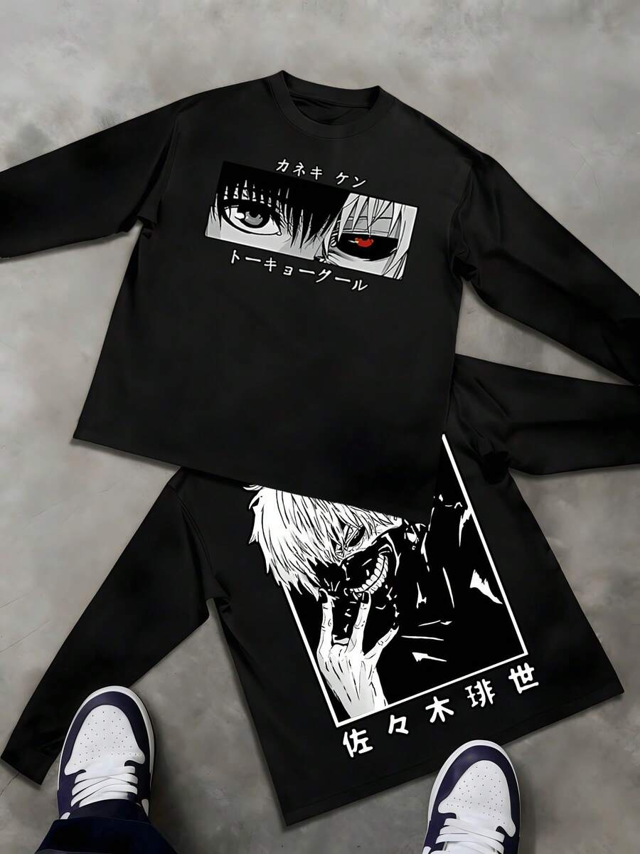 Image Featuring Anime Inspired Art With A Character's Face Printed On Front And Back With Double Sided 1pcs Long Sleeve 100% Cotton Fall Round Neck Tshirt For Casual Wear - 黑色 - 查看 1