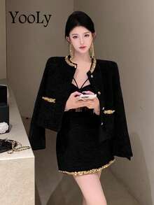 女士优雅亮片拼接长袖单排扣外套和中长裙套装，秋季 - 黑色 - 查看 1