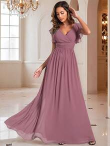 EVERPRETTY 春季褶皱V领不对称雪纺露背伴娘礼服，适合婚礼、生日派对、情人节等场合。