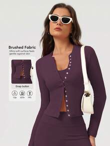 Sodalemon Women Elastic Training Long Sleeve Shirt Button Athletic Wear Solid Color Outdoor Yoga Sport Shirt