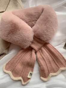 1条女士针织毛绒领围巾，搭配鱼尾缎带拼接设计，适合秋冬季日常保暖搭配连衣裙 - 酒紅花 - 查看 5