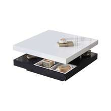 Functional Coffee Table With High-Gloss Surface, Living Room Table, 360° Rotating 2-Tier Table With Storage Drawer, White Lounge Table, Black Frame 70*70*36 - Black + White + Particle Board - View 5