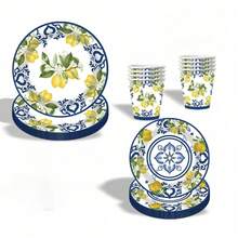 10/20/50 piezas, platos y vasos de papel con diseño de flores azul y blanco y limón - ideal para el Día de San Valentín, Día de la Madre, Día del Padre, graduación y fiestas de cumpleaños - vajilla festiva con patrones florales y de limón, suministros para fiestas con tema de limón, platos de papel de 9" y vasos de papel de 7" con tema de limón y frutas cítricas - Multicolor - Ver 3