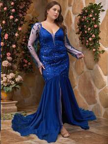 Váy cưới tay dài dự tiệc trang trọng dự tiệc tối cho nữ cỡ lớn thanh lịch trưởng thành tối giản thanh lịch xẻ lưới phía trước ngắn phía sau dài váy cưới tay dài dự tiệc tối trang trọng dự tiệc vũ hội về quê, xuân hè thu - Màu xanh hải quân - Xem 1