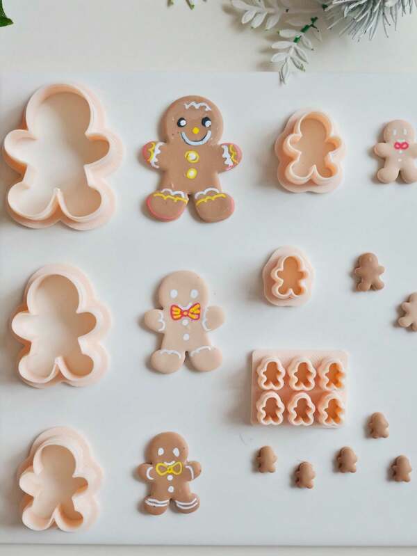 6pcs/Set Christmas Gingerbread Man Polymer Clay Cutters For Earrings & Jewelry Making, Abstract Gingerbread Man With Different Sizes Clay Cutters For Pendant Necklace & Jewelry Making, Winter Themed Clay Molds For Jewelry Maker