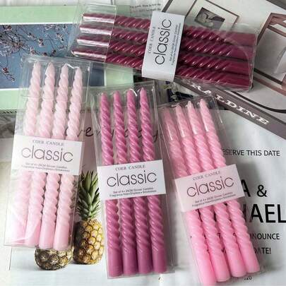 4支/套粉色渐变高锥形螺旋蜡烛，无香型粉彩蜡烛，适用于节日、婚礼和家居装饰，10英寸