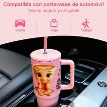 40oz/1200ml Taza de acero inoxidable con diseño interesante, termo con patrón divertido, taza de gran capacidad con asa y pajita: ¡perfecta para regalar en Navidad y para uso personal! - Negro - Ver 6