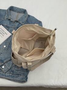 Canvas Material Solid Color Large Capacity Multi-Pocket Women's Tote Bag, Autumn/Winter - Khaki - View 5