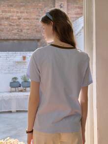 Simple Retro Camiseta de punto de cuello redondo de manga corta con bordado de cachorro lindo y bloques de color para mujer, para primavera y verano