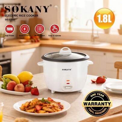 SOKANY 可控温保温机械电饭煲，不锈钢内胆，易煮易清洗，可煮汤、煮肉、煮谷物，附赠配件，小型家电电饭煲，便携式电饭煲，不锈钢电饭煲，无涂层电饭煲，700瓦大功率，1.8升大容量白米饭电饭煲
