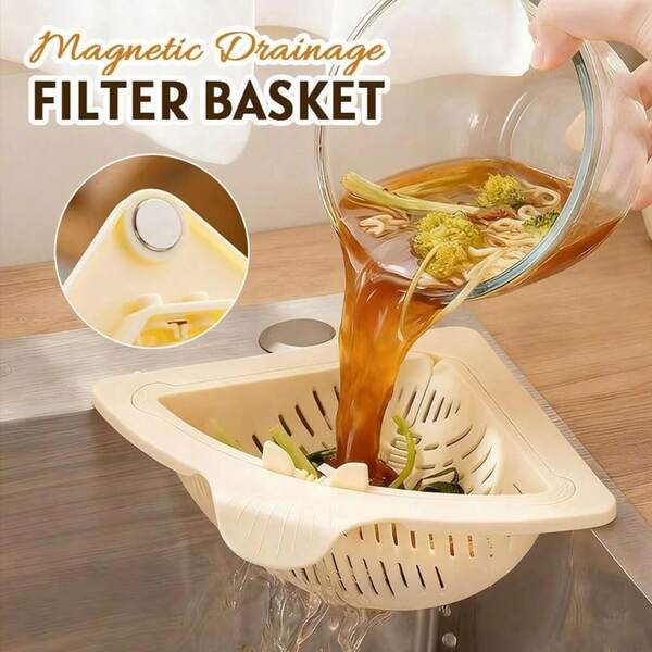 Magnetic Drainage & Filter Basket, Twist-Open Knob Triangular Design-Bottom Pop Automatically, All-In-One Draining & Storage Sink Corner Rack, Kitchen Sponge Holder And Food Scraps Catcher