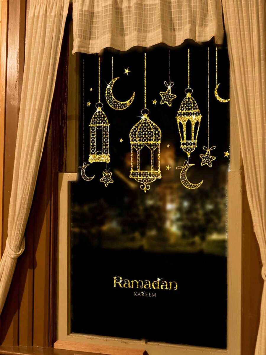 2pcs/Set Ramadan Lantern Decor, Atmosphere Decoration For Bedroom, Window, Balcony - Eid Mubarak Sticker - Multicolor - View 1